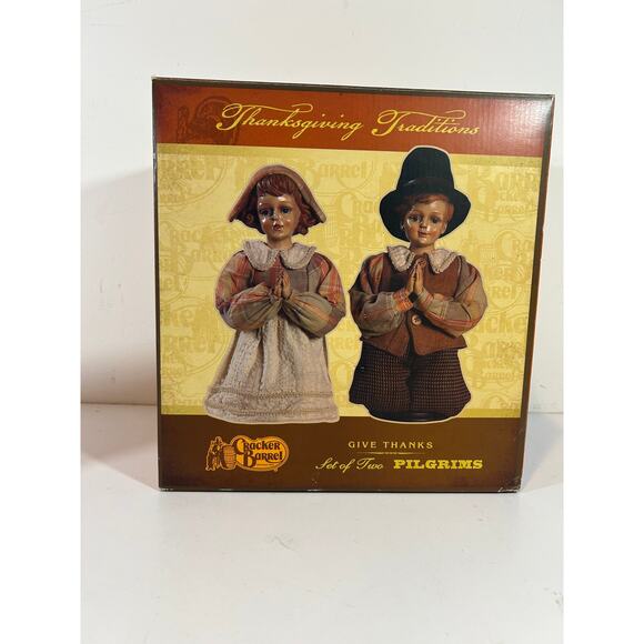 Cracker Barrel Ceramic w/Cloth Give Thanks Pilgrims Praying Set of 2 w/ Box - Picture 1 of 7